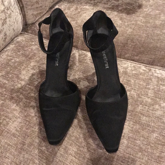 Black Satin Feetfirst Heels - Picture 2 of 5